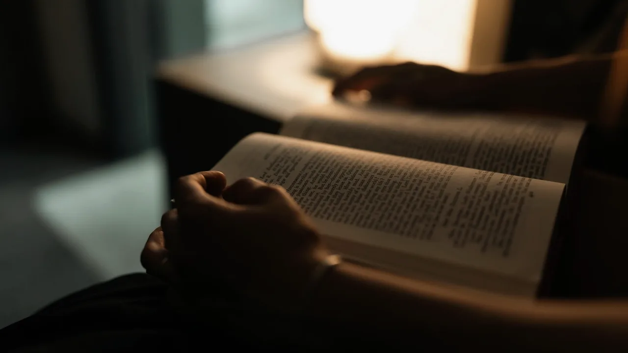 Ambiente de leitura à noite, iluminado por uma luminária de luz quente