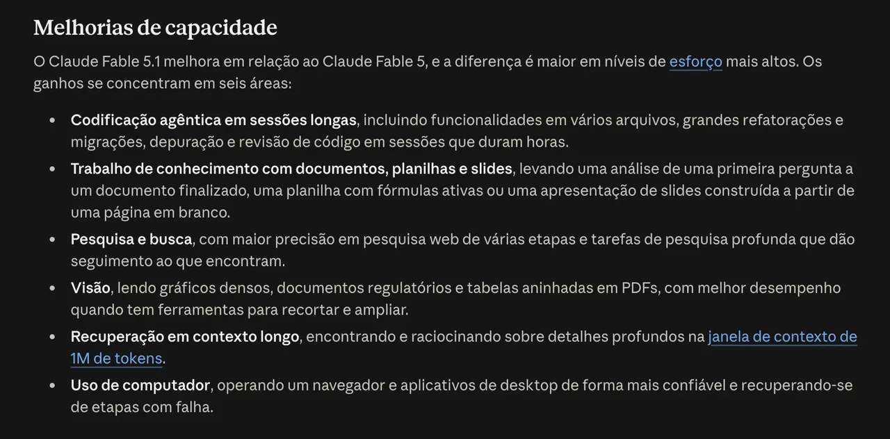 Trecho da documentação da Anthropic listando as seis áreas de melhoria do Claude Fable 5.1: codificação agêntica em sessões longas, trabalho de conhecimento com documentos, pesquisa e busca, visão, recuperação em contexto longo e uso de computador