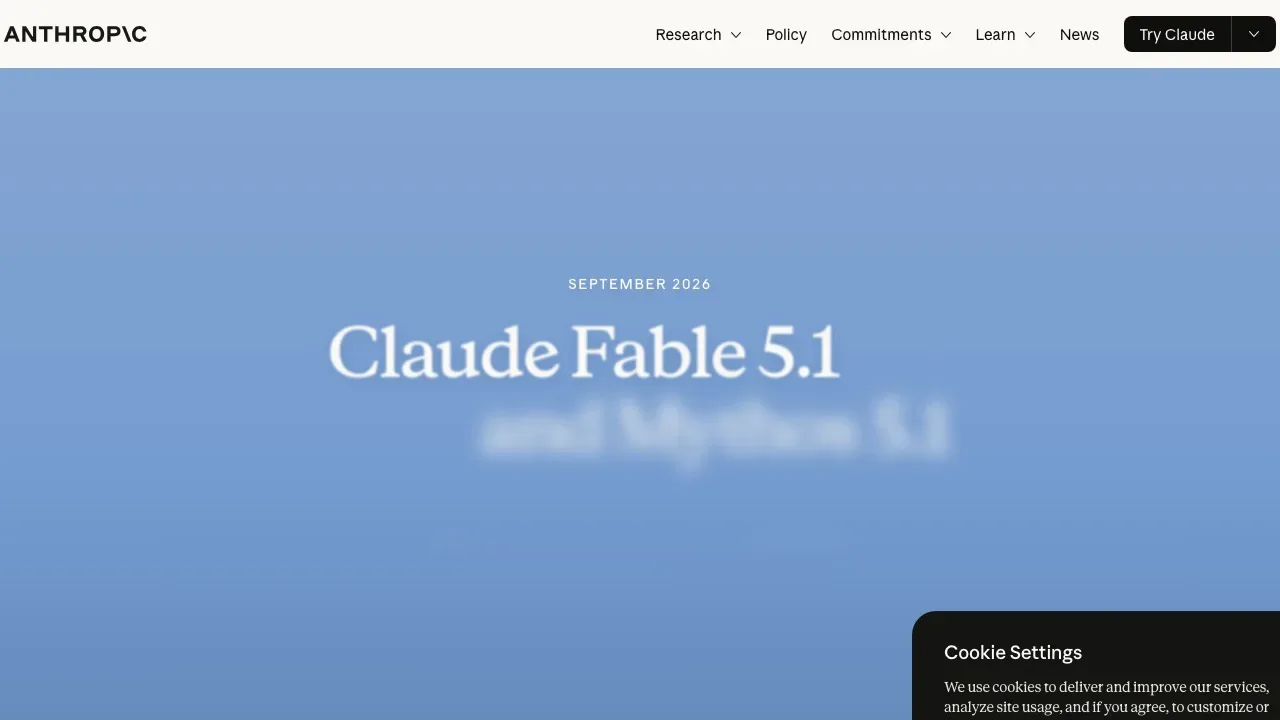Print da página oficial da Anthropic anunciando o Claude Fable 5.1 e o Claude Mythos 5.1
