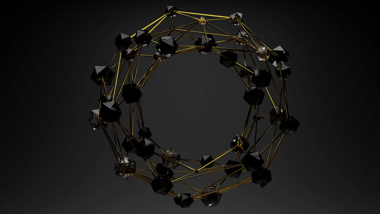 Estrutura geométrica escura em forma de anel, com nós conectados por linhas douradas, representando um padrão de rede