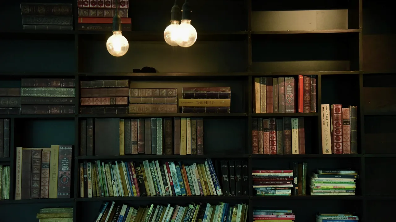 Estante de livros antigos numa biblioteca escura, iluminada por lâmpadas penduradas estilo Edison