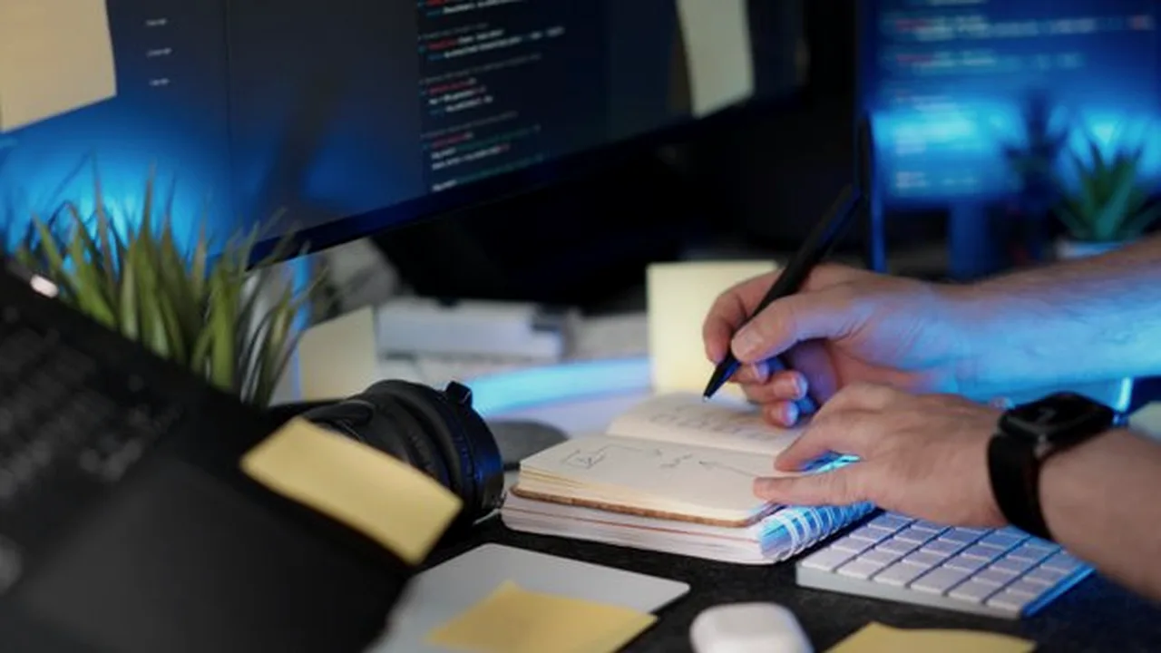 Mão anotando num caderno ao lado de um teclado e um monitor com código na tela, ambiente de trabalho noturno