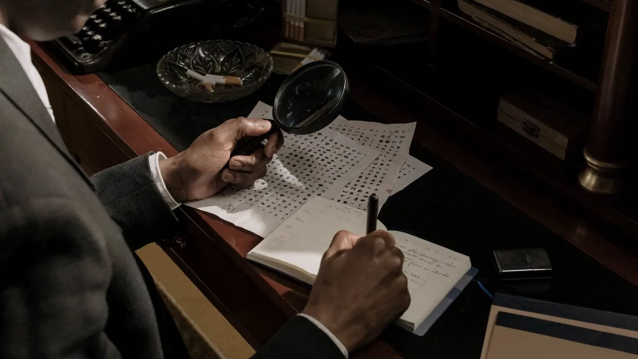 Homem examinando um documento cheio de símbolos com uma lupa, escrevendo anotações num caderno sobre uma escrivaninha escura com máquina de escrever e livros ao fundo