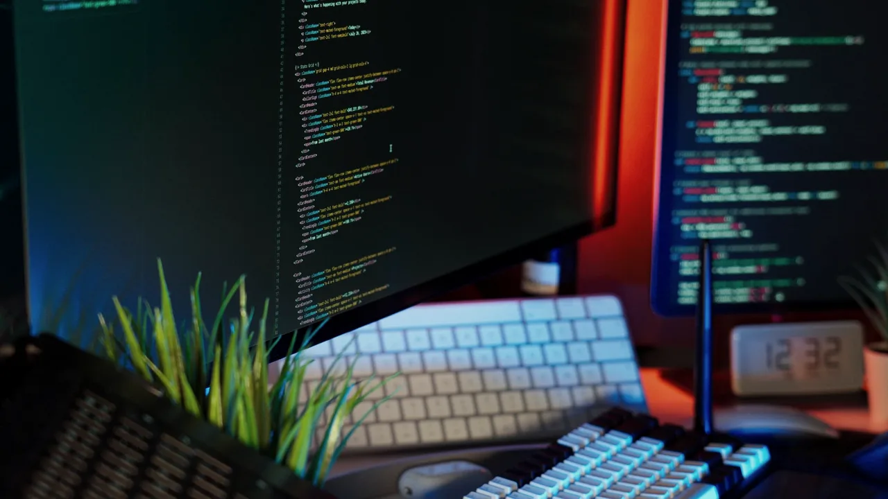 Dois monitores escuros lado a lado mostrando linhas de código coloridas num escritório com luz ambiente