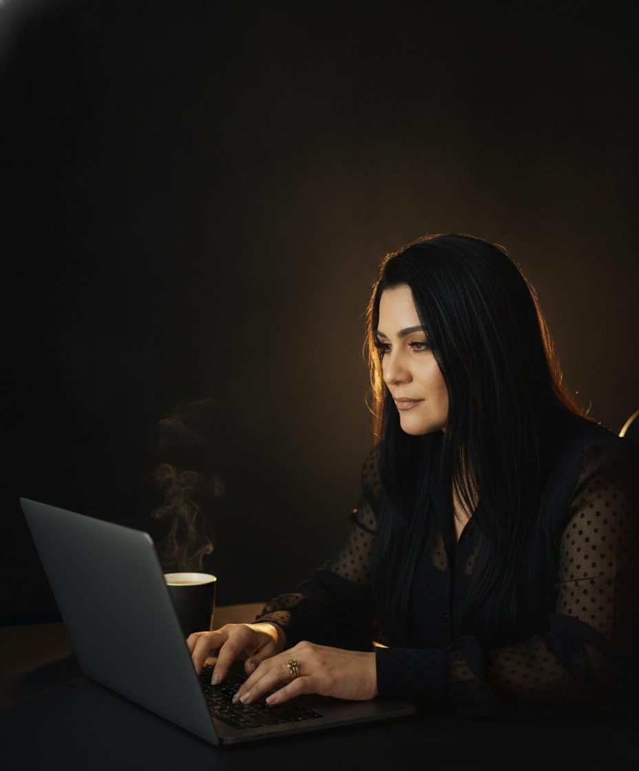 Célia Castelo, criadora do curso SEO para Afiliados, trabalhando no laptop em home office escuro com luz amarela